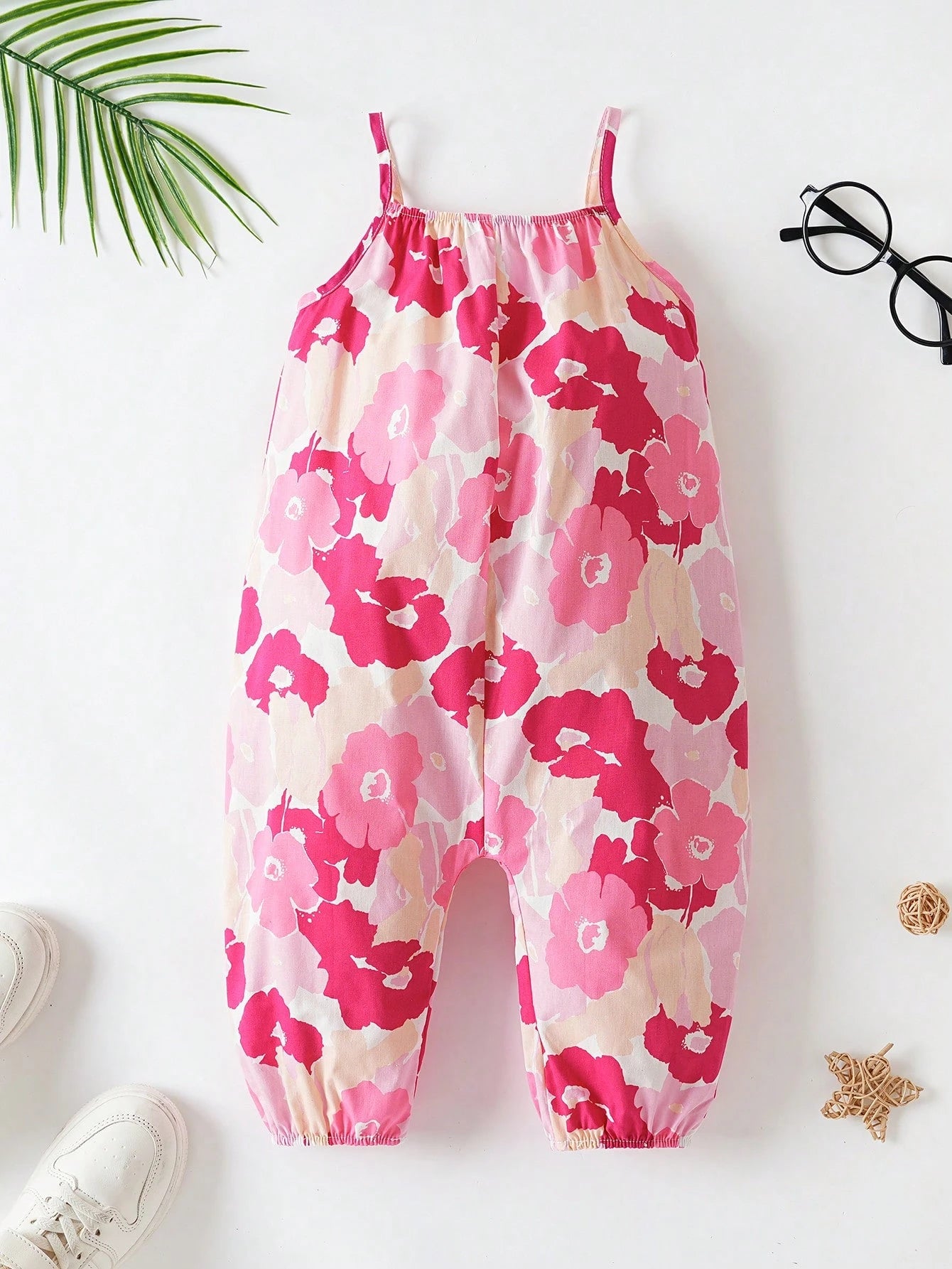 Baby Girls Floral Print Spaghetti Strap Jumpsuit - Blush