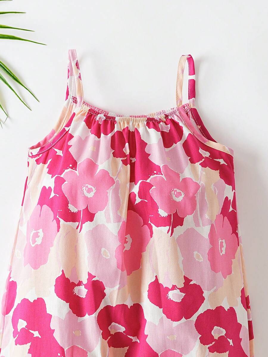 Baby Girls Floral Print Spaghetti Strap Jumpsuit - Blush