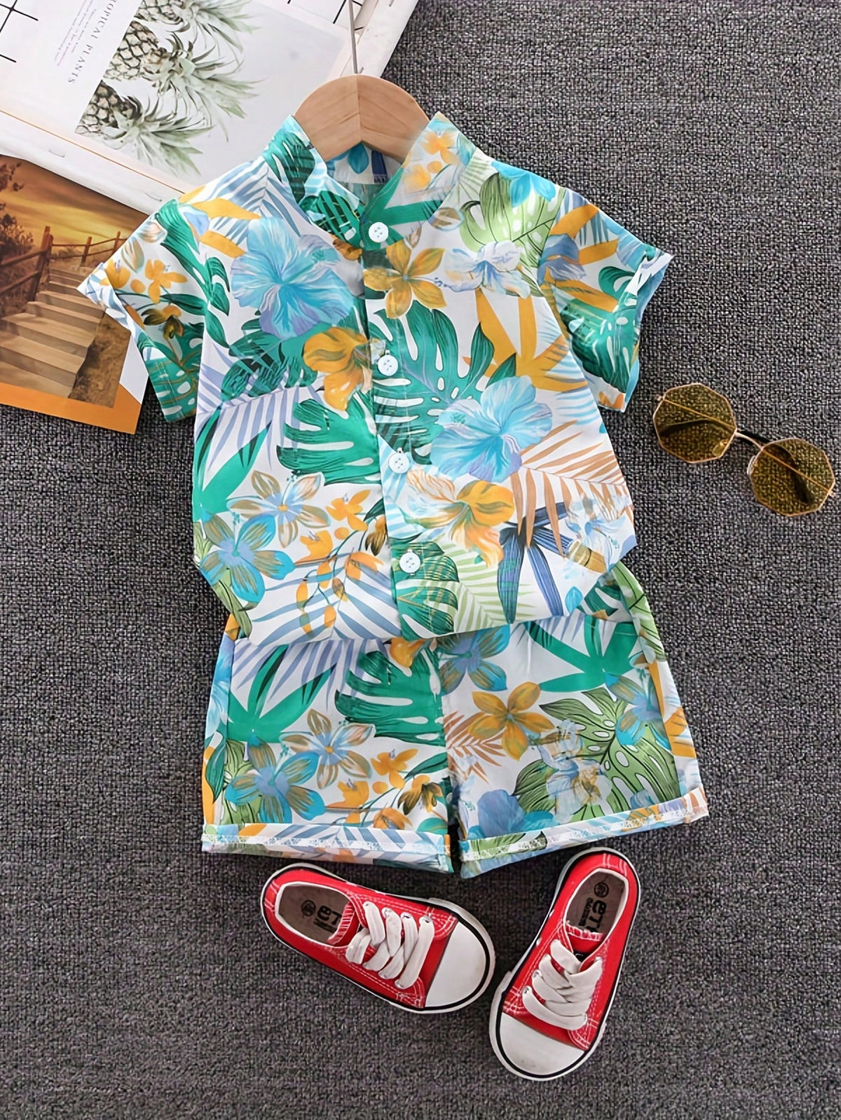 Boys Tropical Floral Resort Collar Shirt & Shorts Set - Ivory