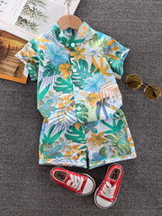 Boys Tropical Floral Resort Collar Shirt & Shorts Set - Ivory