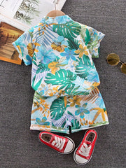 Boys Tropical Floral Resort Collar Shirt & Shorts Set - Ivory