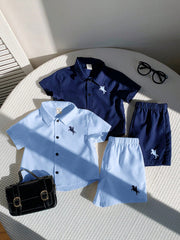 4pcs Boys Horse Embroidered Collar Shirt & Shorts Set - Midnight