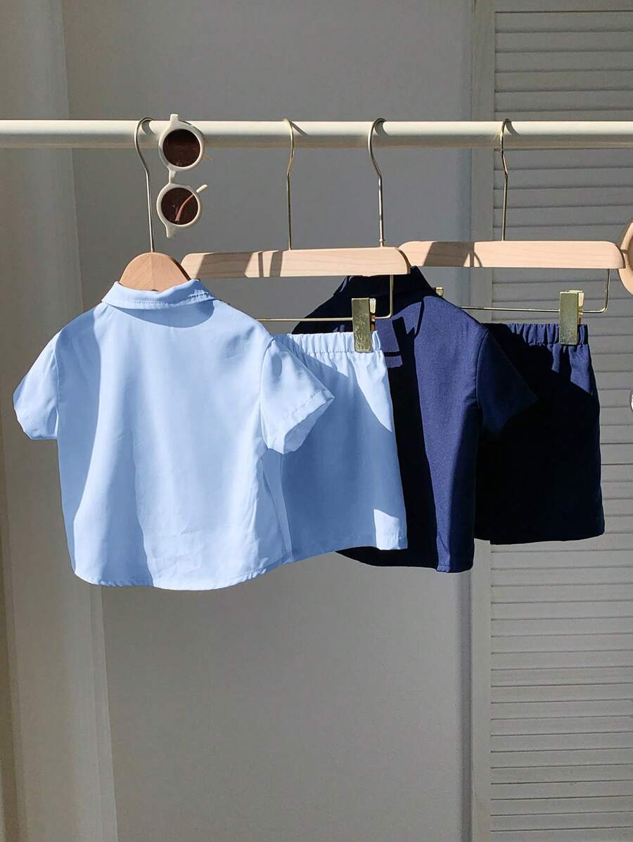 4pcs Boys Horse Embroidered Collar Shirt & Shorts Set - Midnight