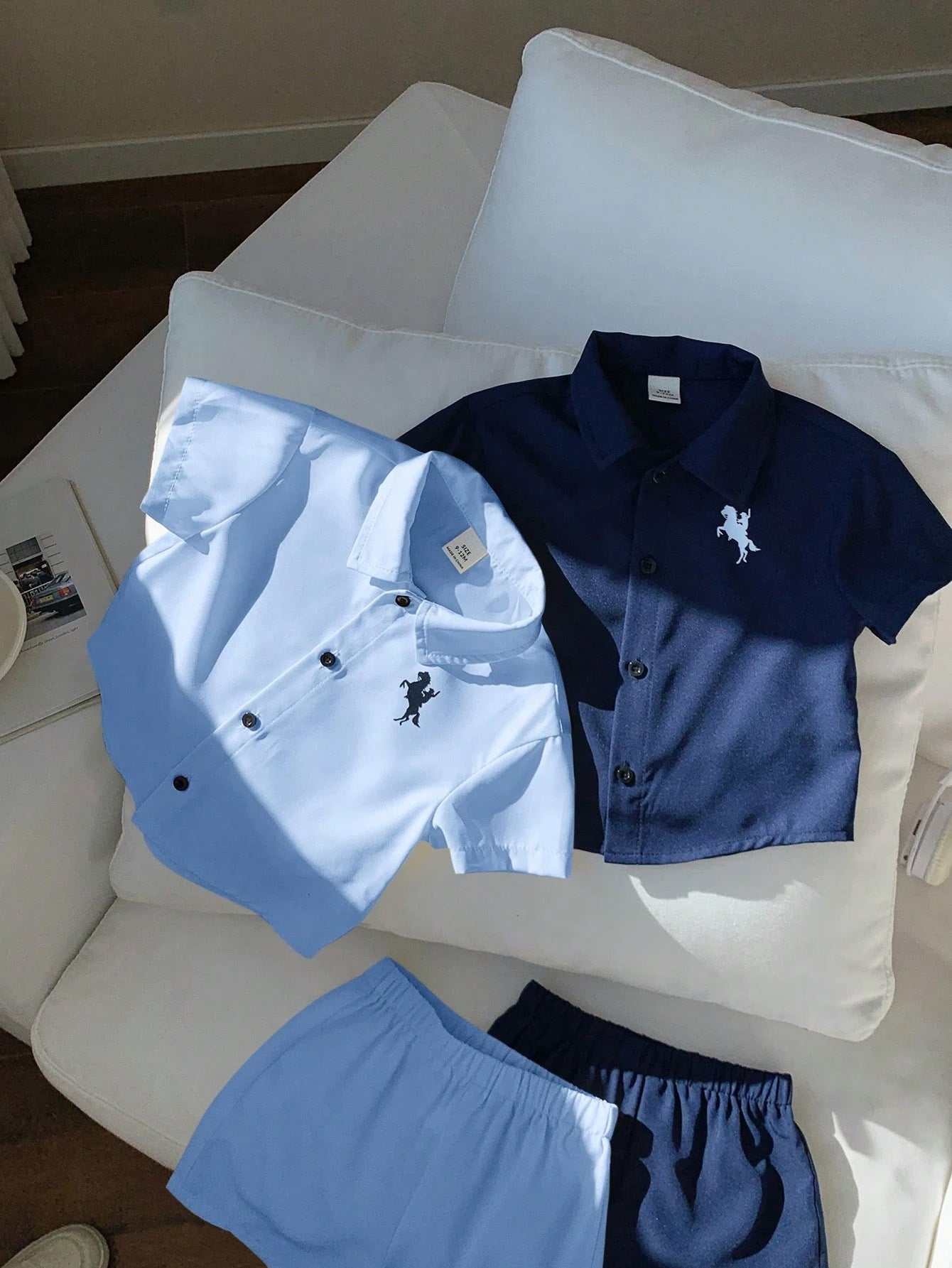 4pcs Boys Horse Embroidered Collar Shirt & Shorts Set - Midnight