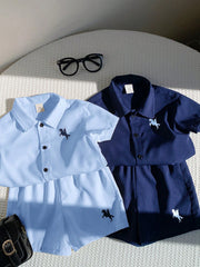 4pcs Boys Horse Embroidered Collar Shirt & Shorts Set - Midnight