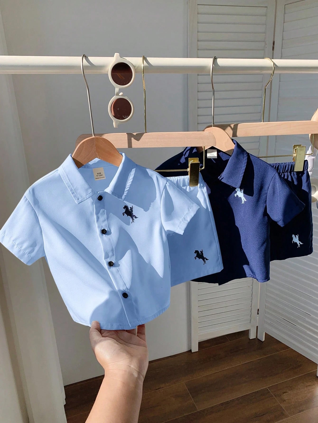 4pcs Boys Horse Embroidered Collar Shirt & Shorts Set - Midnight