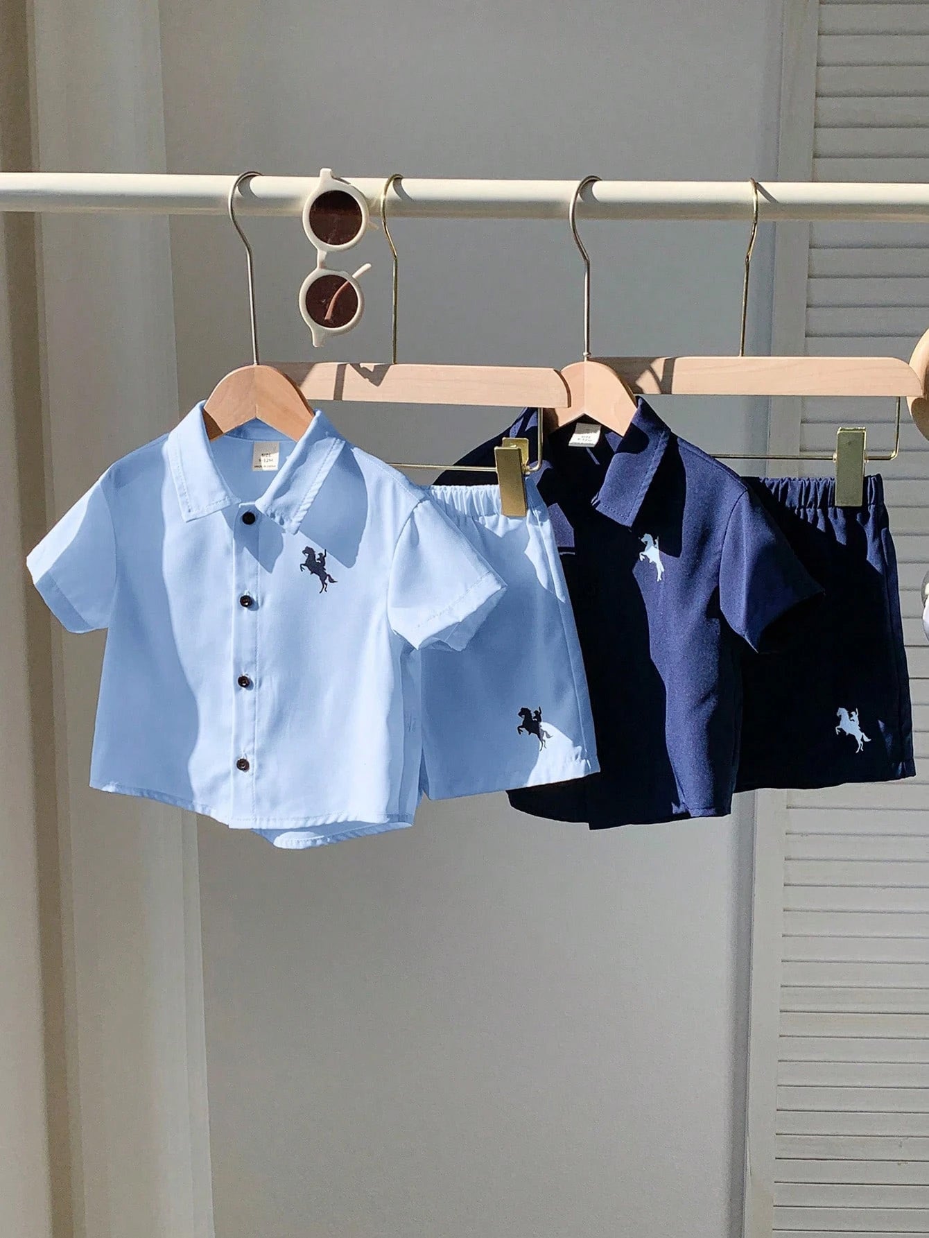4pcs Boys Horse Embroidered Collar Shirt & Shorts Set - Midnight