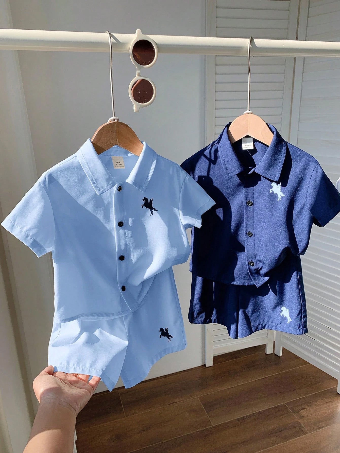 4pcs Boys Horse Embroidered Collar Shirt & Shorts Set - Midnight