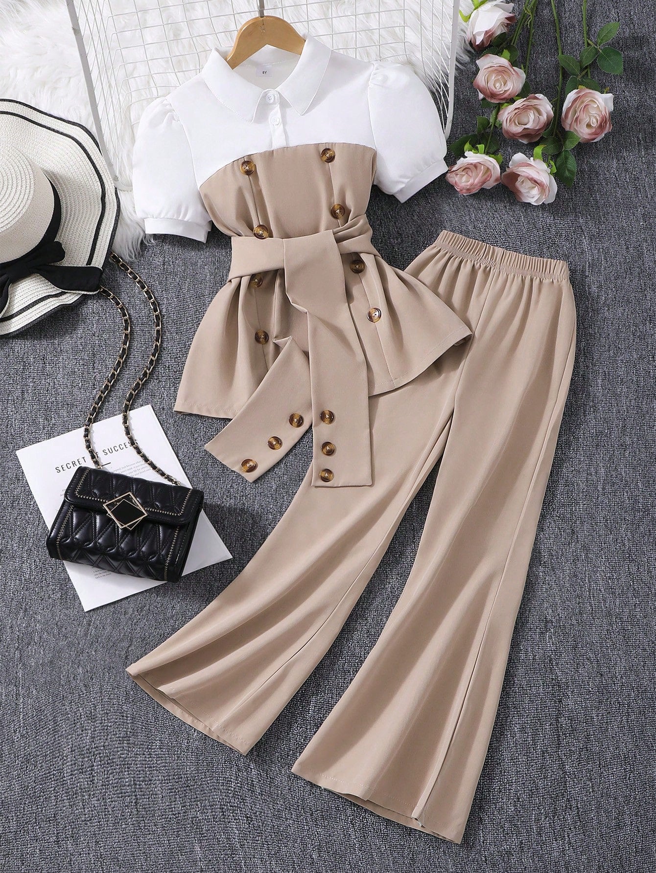 2pcs Big Girls Puff Sleeve Peplum Top & Wide-Leg Pants Set - Greige...