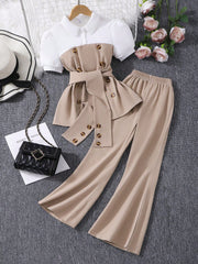 2pcs Big Girls Puff Sleeve Peplum Top & Wide-Leg Pants Set - Greige...