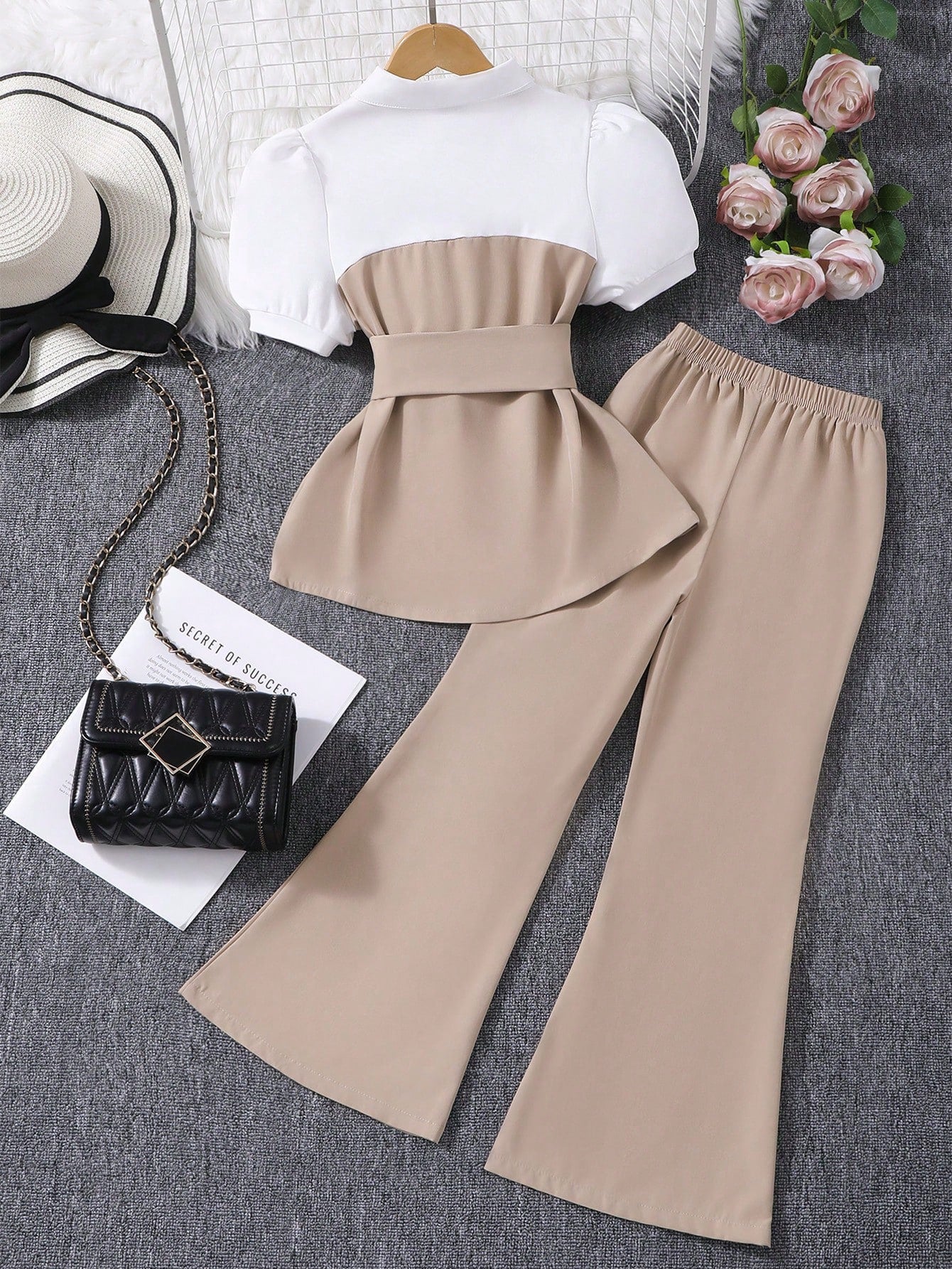 2pcs Big Girls Puff Sleeve Peplum Top & Wide-Leg Pants Set - Greige...