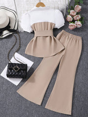 2pcs Big Girls Puff Sleeve Peplum Top & Wide-Leg Pants Set - Greige...