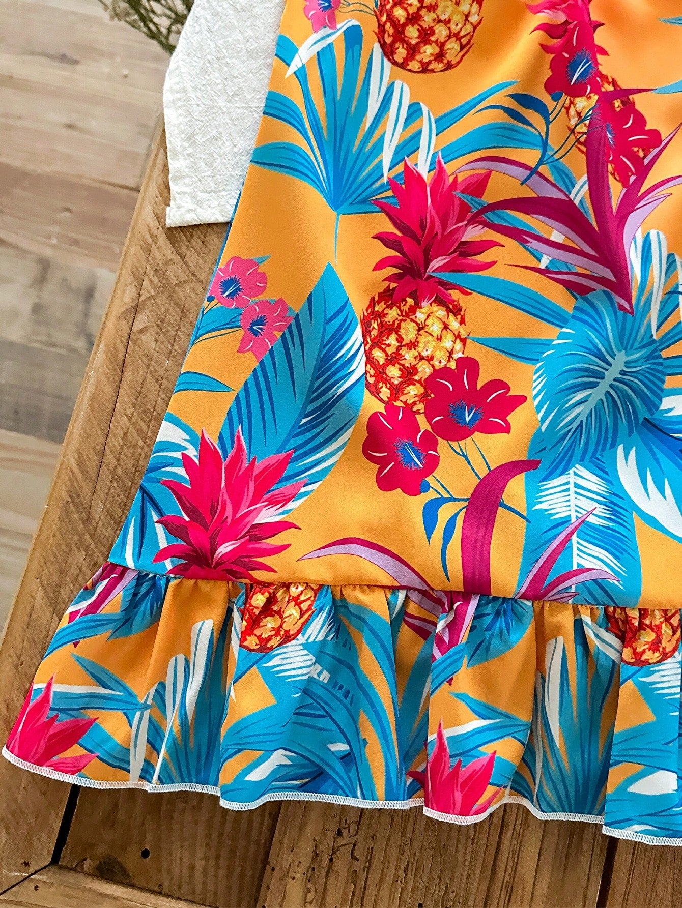 2pcs Girls Tropical Print & Denim Ruffle Hem Dress Set - Marigold