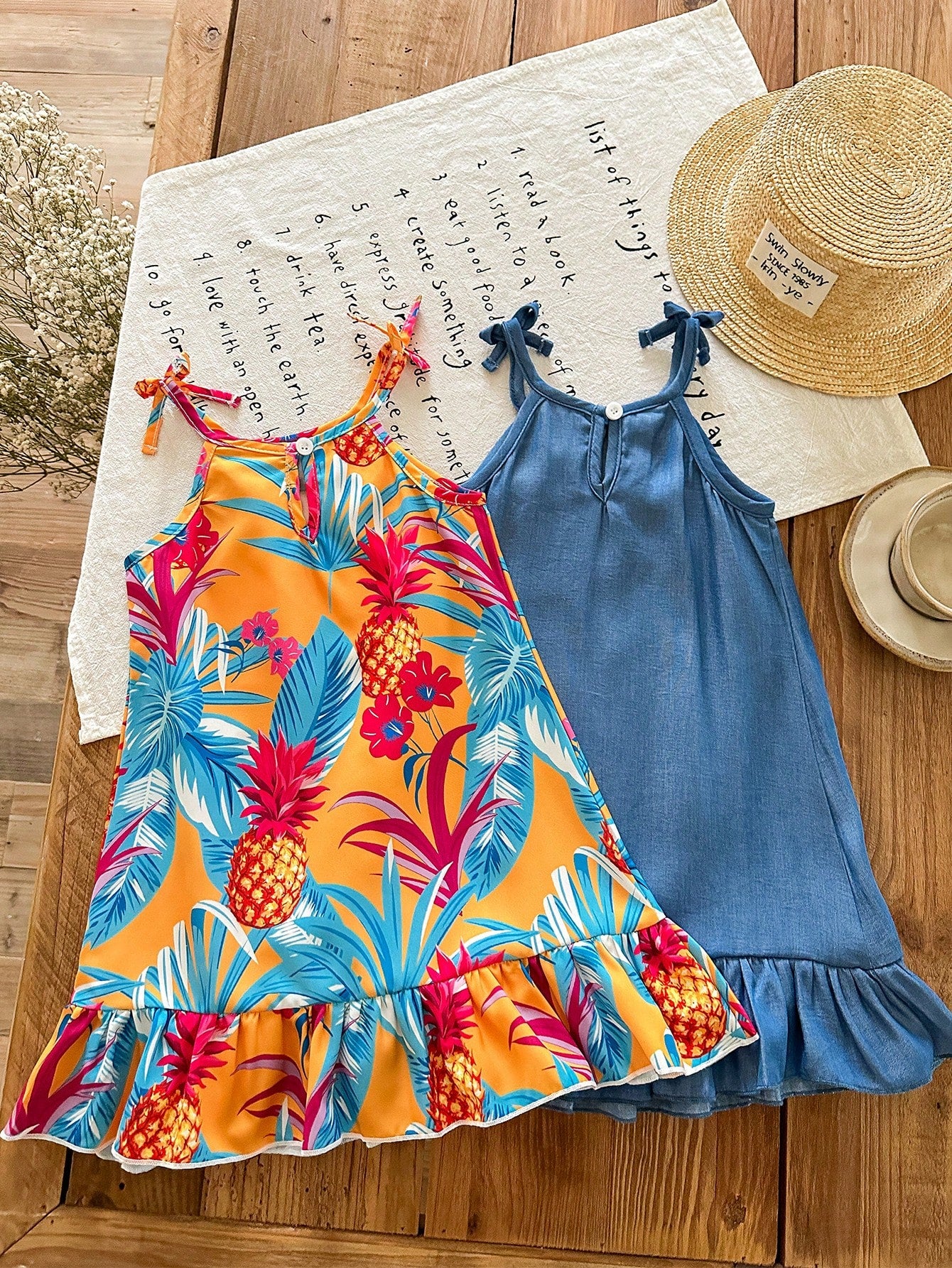 2pcs Girls Tropical Print & Denim Ruffle Hem Dress Set - Marigold