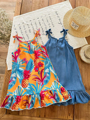 2pcs Girls Tropical Print & Denim Ruffle Hem Dress Set - Marigold