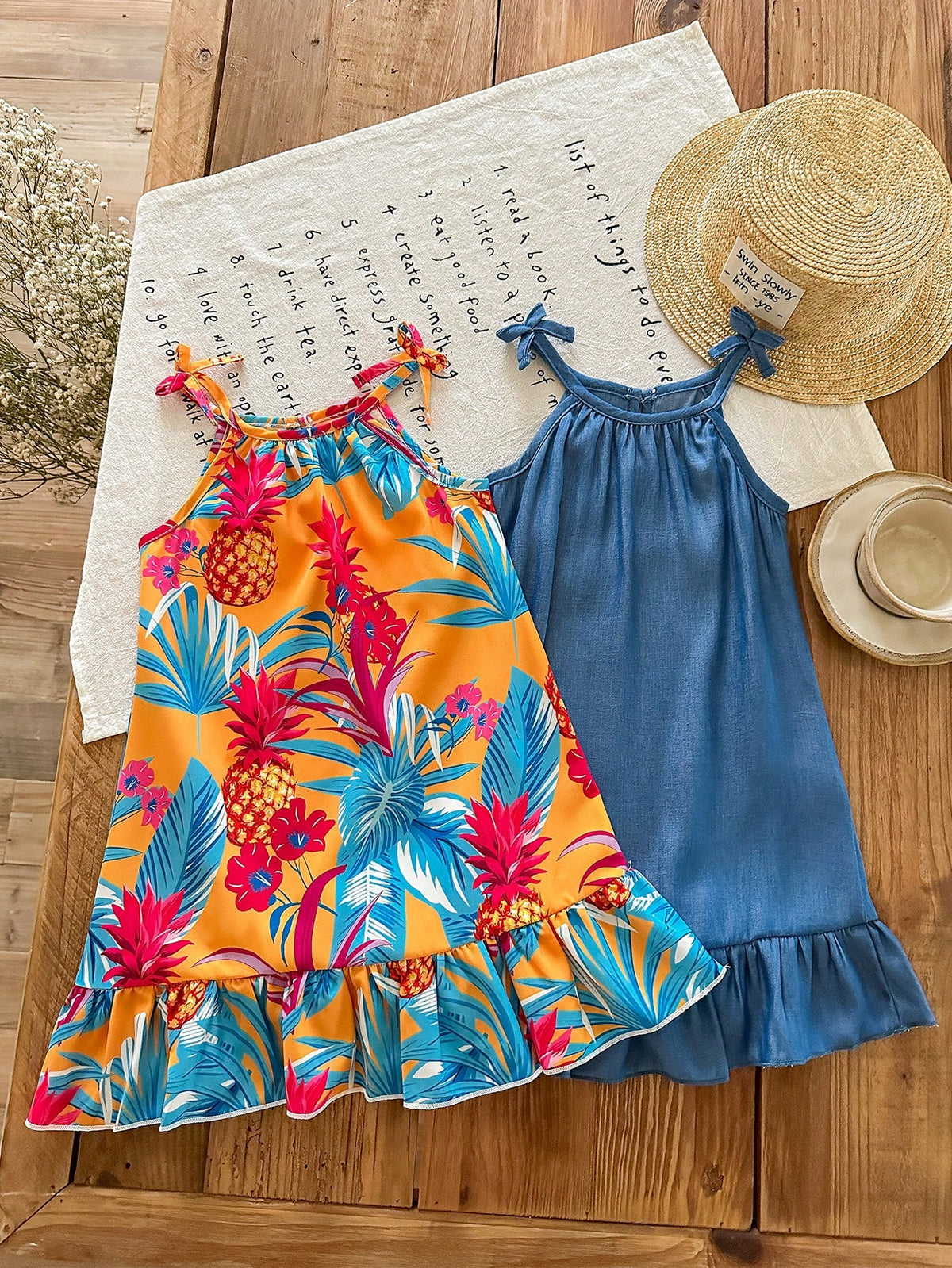 2pcs Girls Tropical Print & Denim Ruffle Hem Dress Set - Marigold