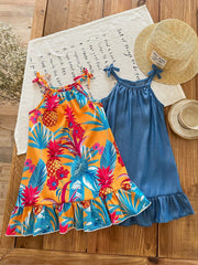 2pcs Girls Tropical Print & Denim Ruffle Hem Dress Set - Marigold