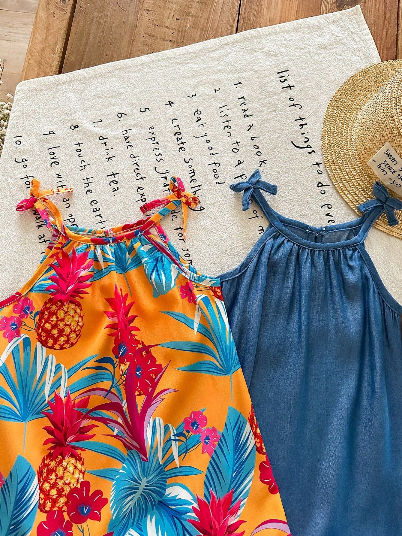 2pcs Girls Tropical Print & Denim Ruffle Hem Dress Set - Marigold