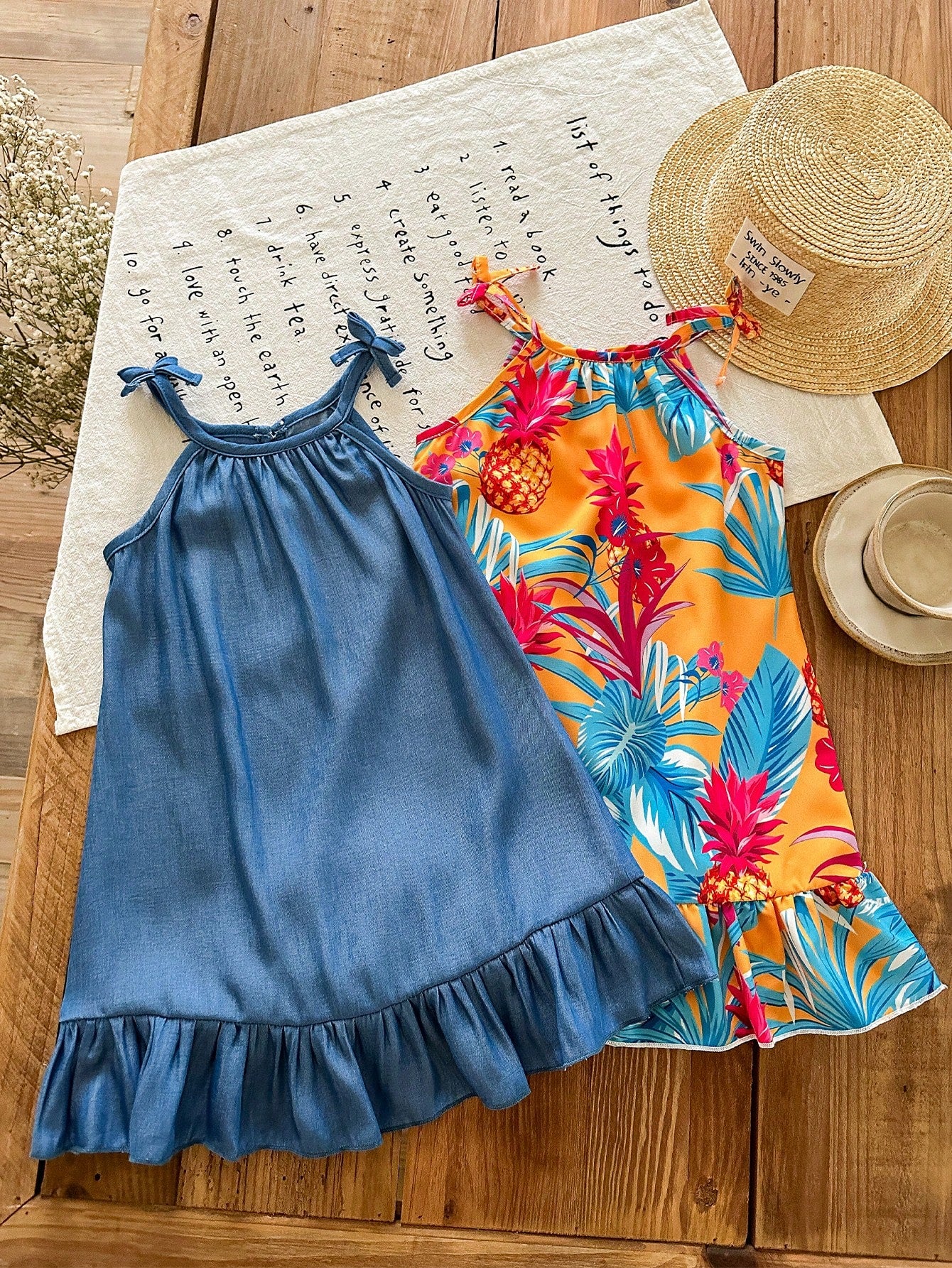 2pcs Girls Tropical Print & Denim Ruffle Hem Dress Set - Marigold