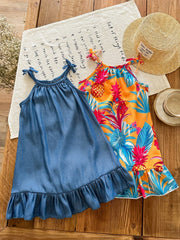 2pcs Girls Tropical Print & Denim Ruffle Hem Dress Set - Marigold