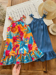2pcs Girls Tropical Print & Denim Ruffle Hem Dress Set - Marigold
