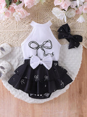 2pcs Girls Bow Print Halter Bodysuit & Ruffle Skort Set - Onyx | 21...
