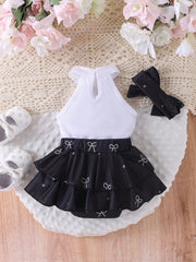 2pcs Girls Bow Print Halter Bodysuit & Ruffle Skort Set - Onyx | 21...