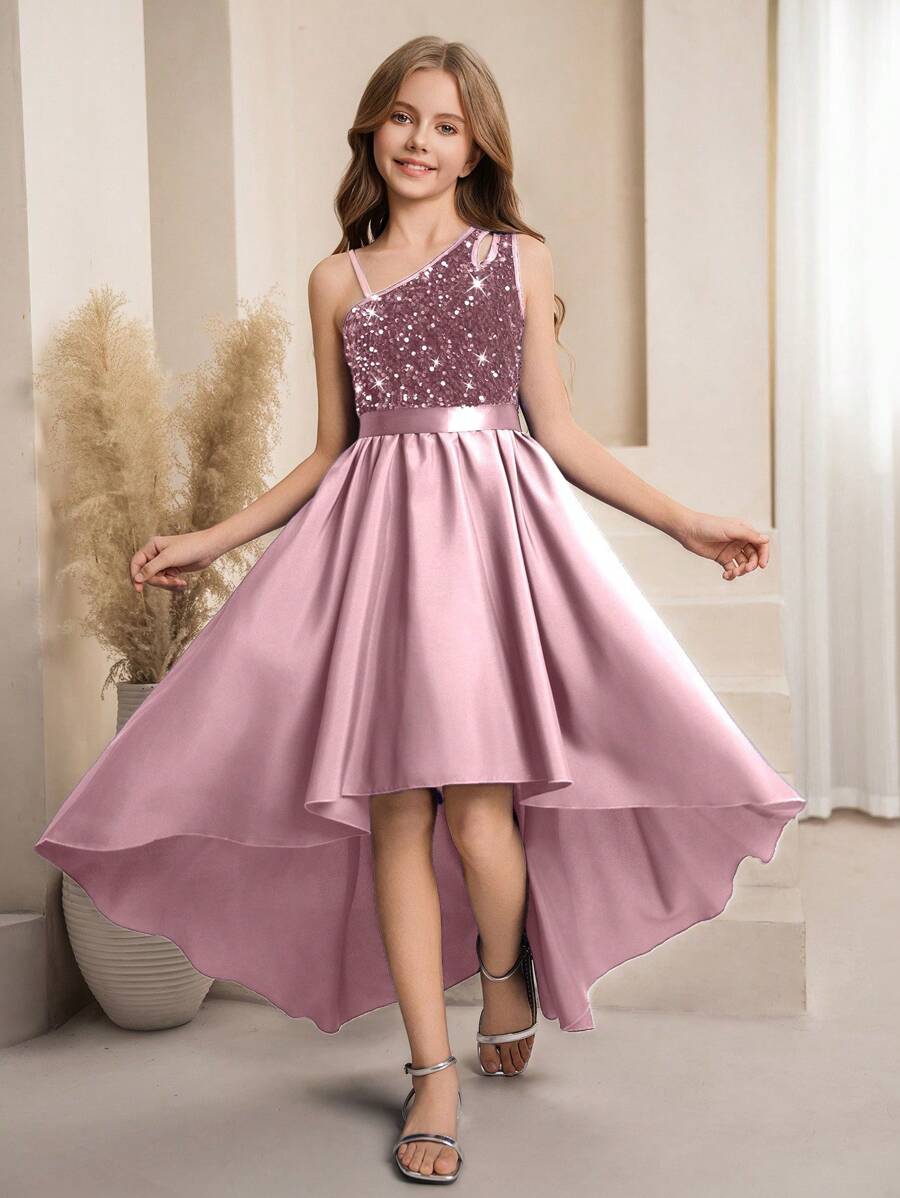 Girls Sequin One-Shoulder High-Low Formal Dress - Mauve | 21 Centur...