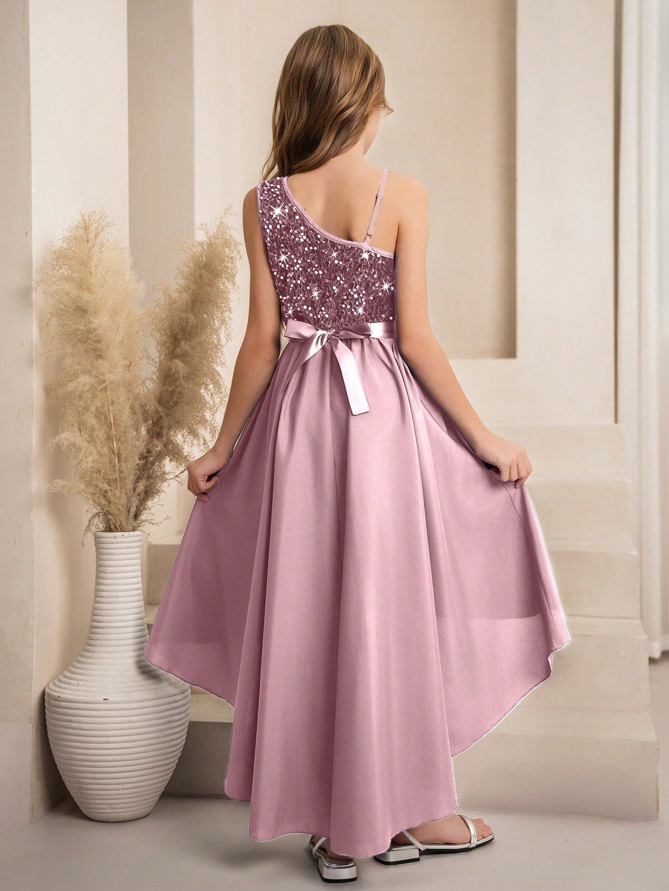 Girls Sequin One-Shoulder High-Low Formal Dress - Mauve | 21 Centur...