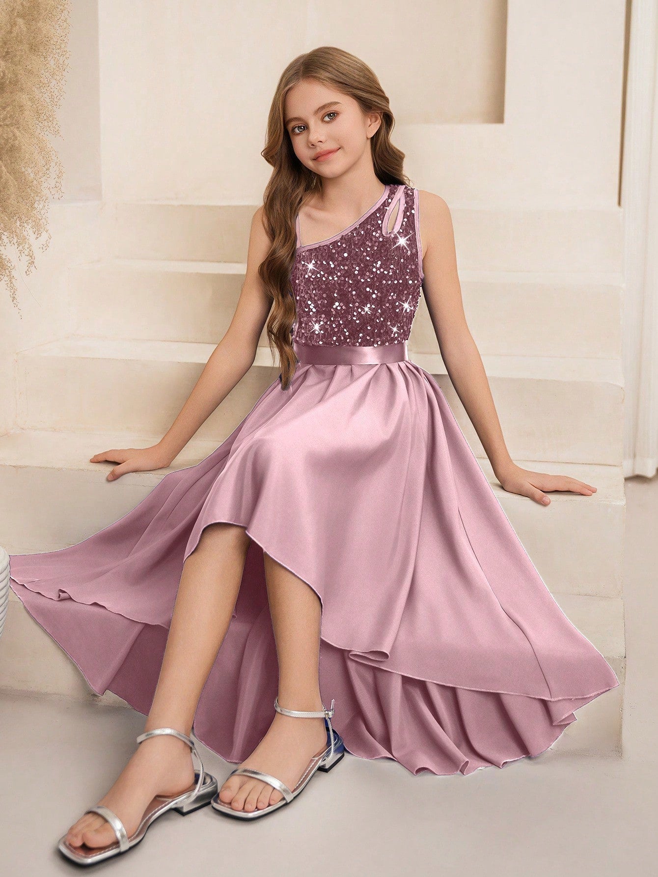 Girls Sequin One-Shoulder High-Low Formal Dress - Mauve | 21 Centur...
