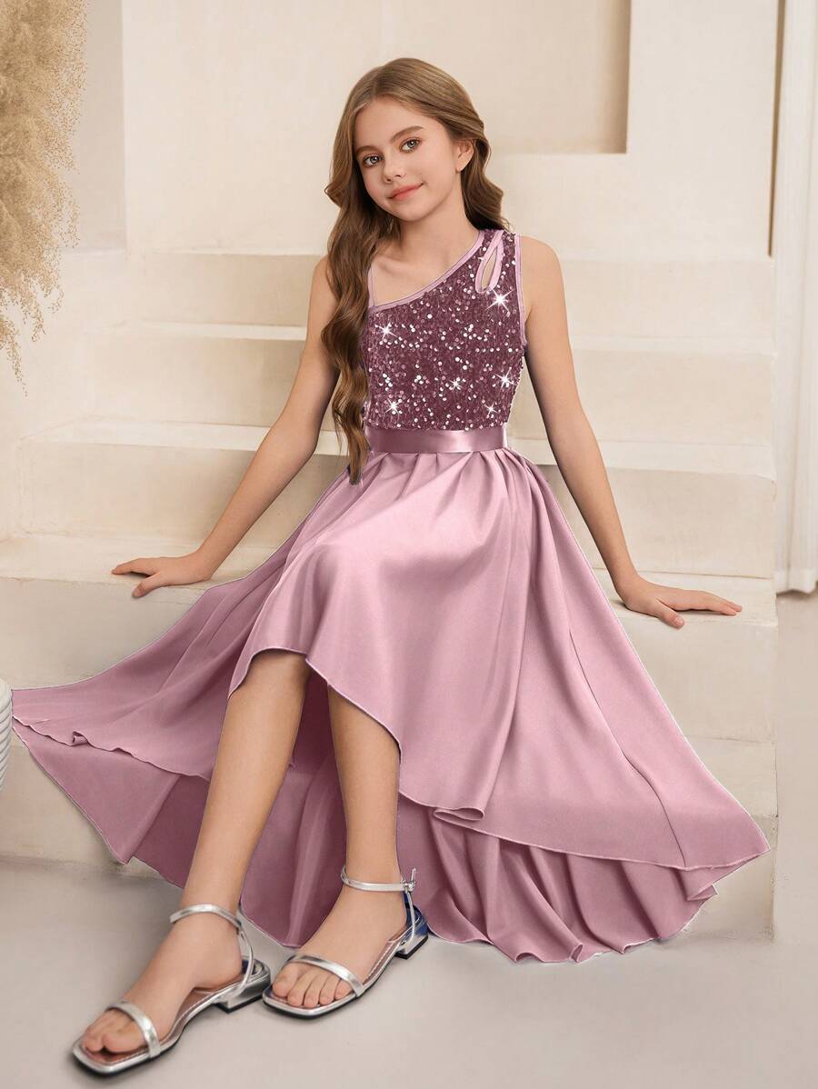 Girls Sequin One-Shoulder High-Low Formal Dress - Mauve | 21 Centur...