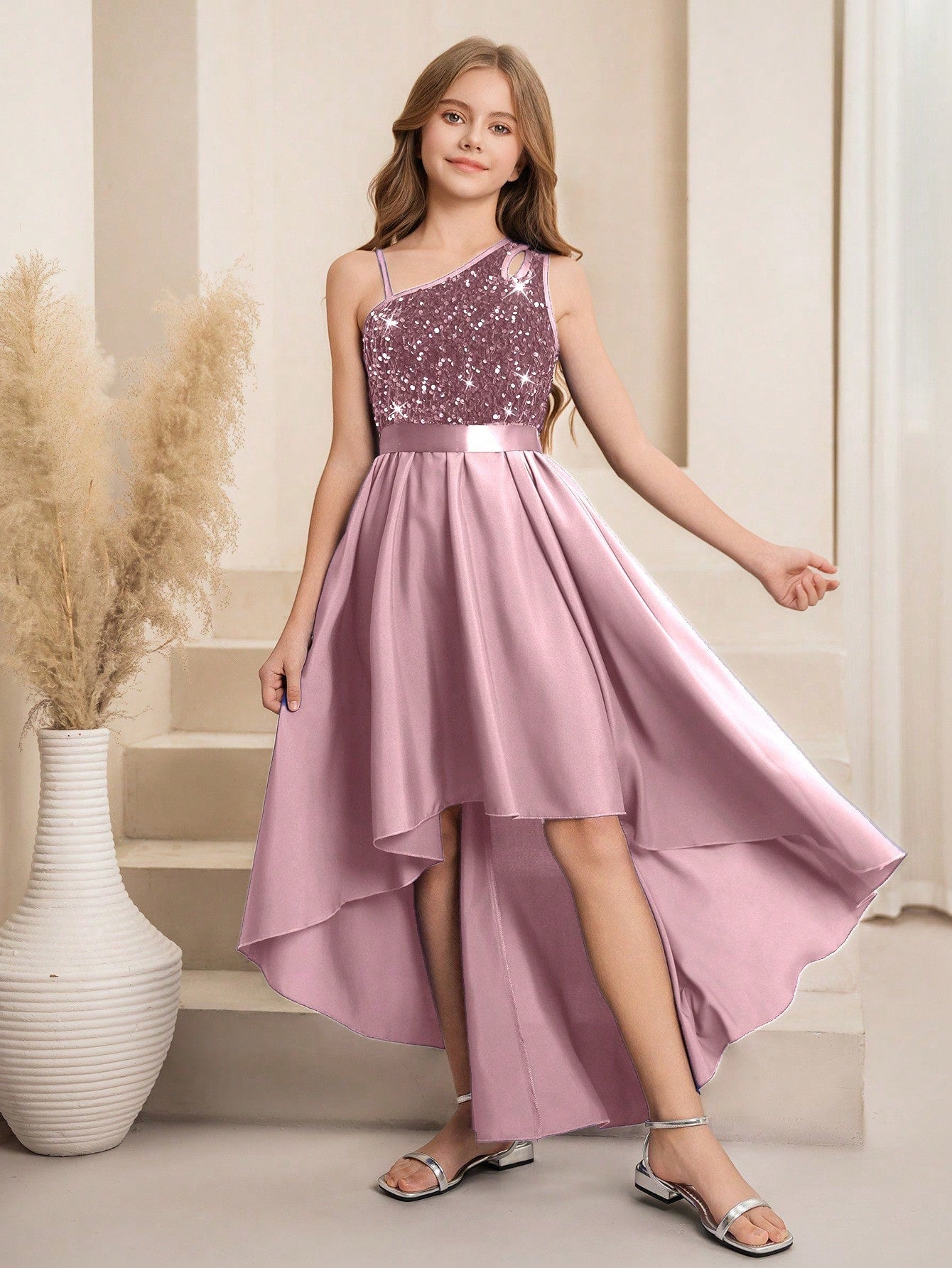 Girls Sequin One-Shoulder High-Low Formal Dress - Mauve | 21 Centur...