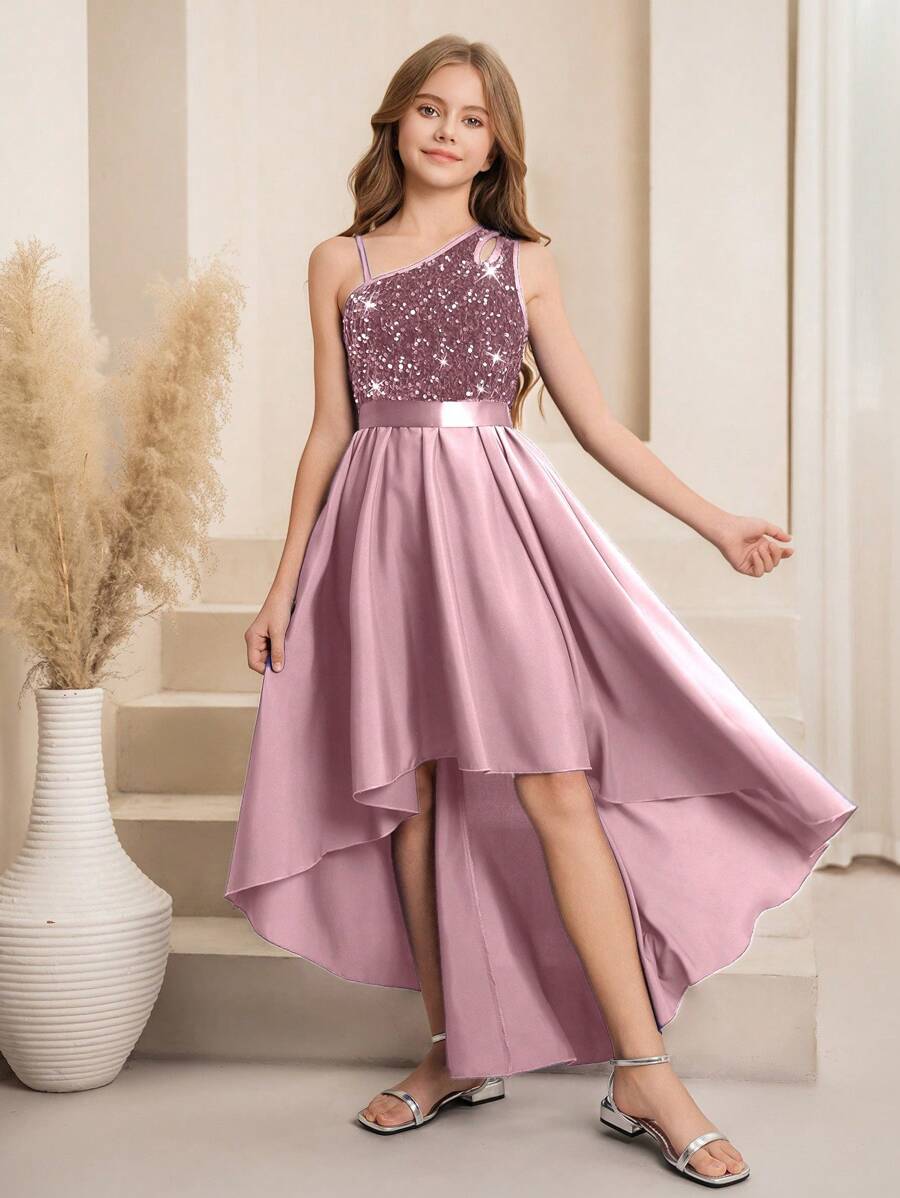 Girls Sequin One-Shoulder High-Low Formal Dress - Mauve | 21 Centur...