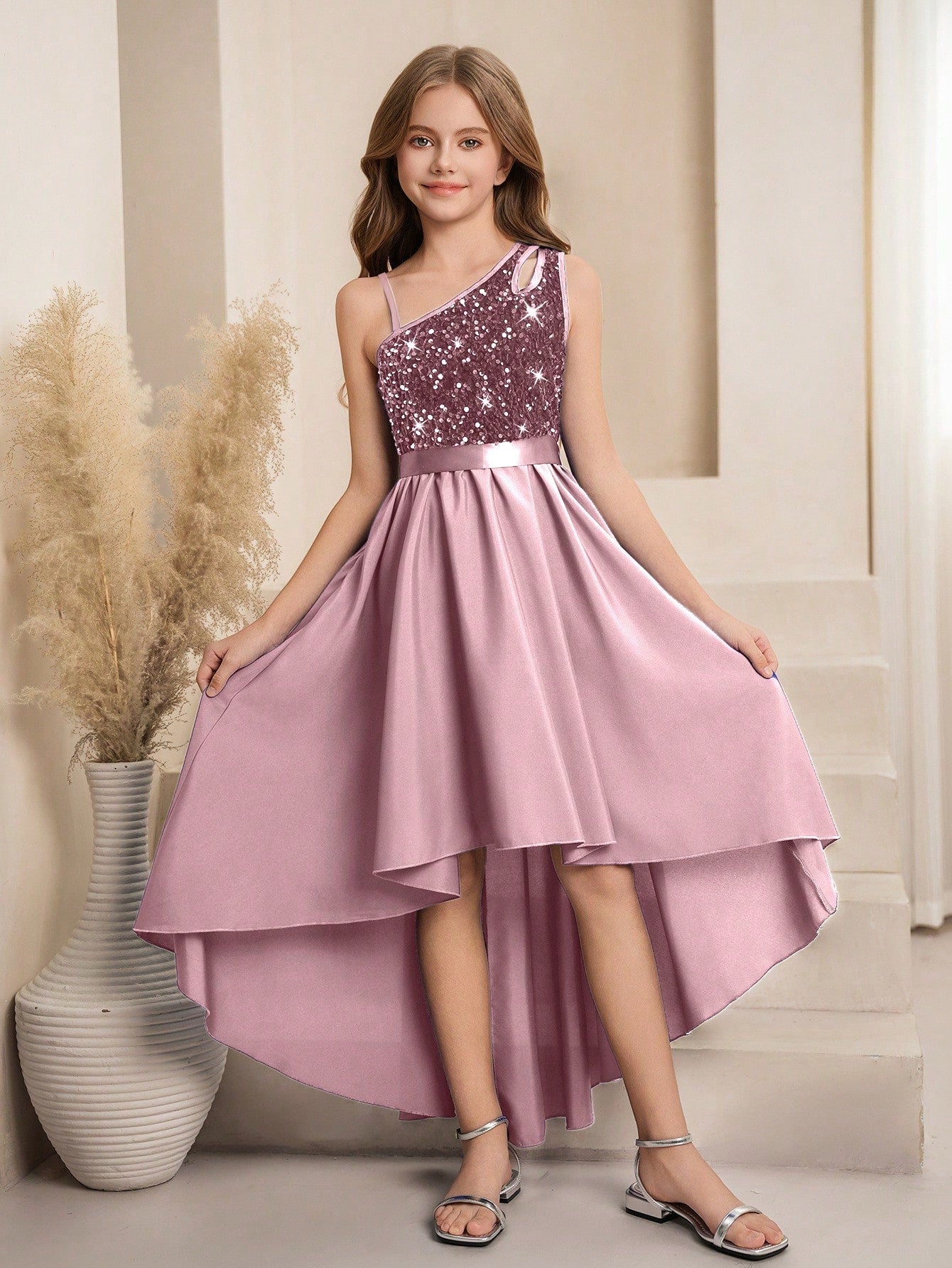 Girls Sequin One-Shoulder High-Low Formal Dress - Mauve | 21 Centur...