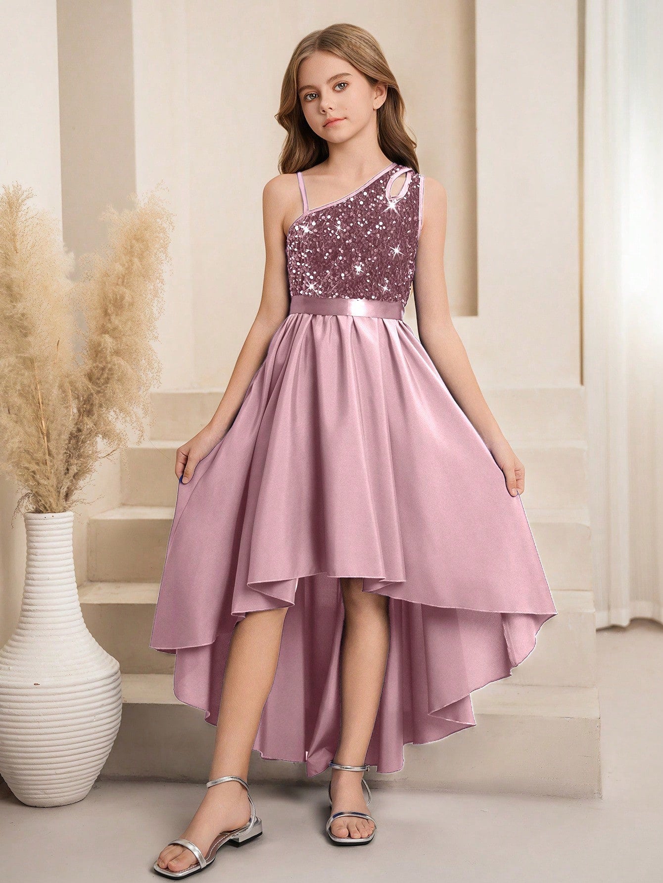 Girls Sequin One-Shoulder High-Low Formal Dress - Mauve | 21 Centur...