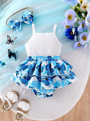 2pcs Baby Girls Butterfly Print Ruffle Romper & Headband Set - Ceru...