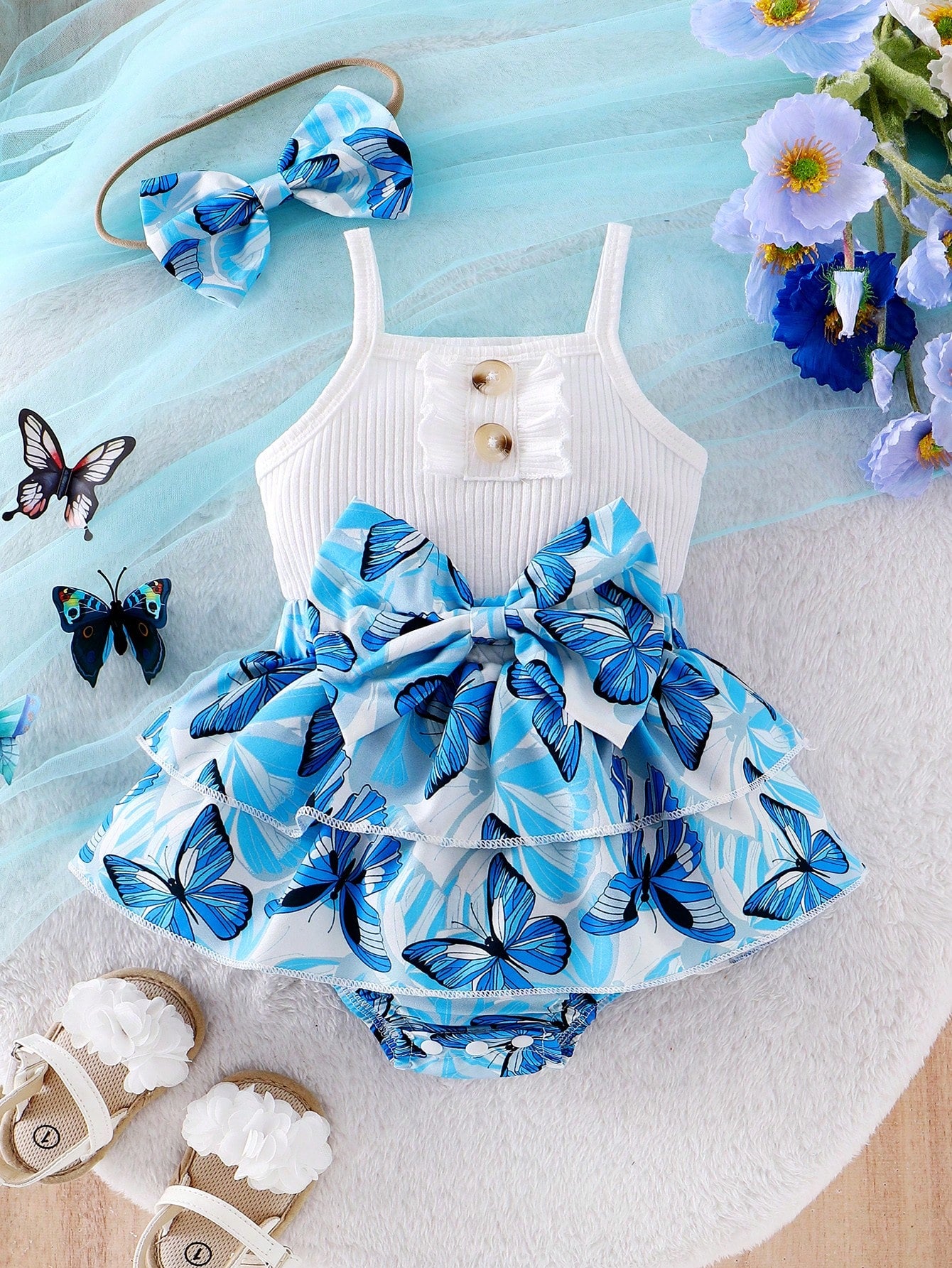 2pcs Baby Girls Butterfly Print Ruffle Romper & Headband Set - Ceru...