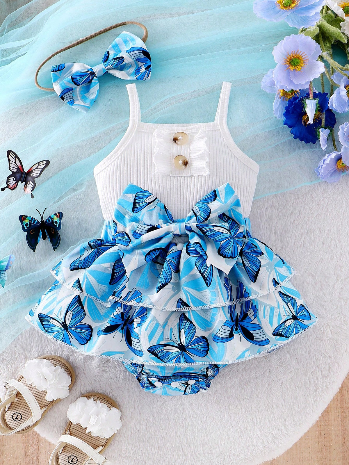 2pcs Baby Girls Butterfly Print Ruffle Romper & Headband Set - Ceru...