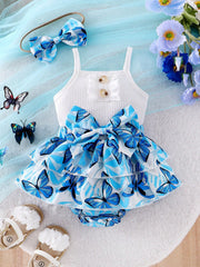 2pcs Baby Girls Butterfly Print Ruffle Romper & Headband Set - Ceru...