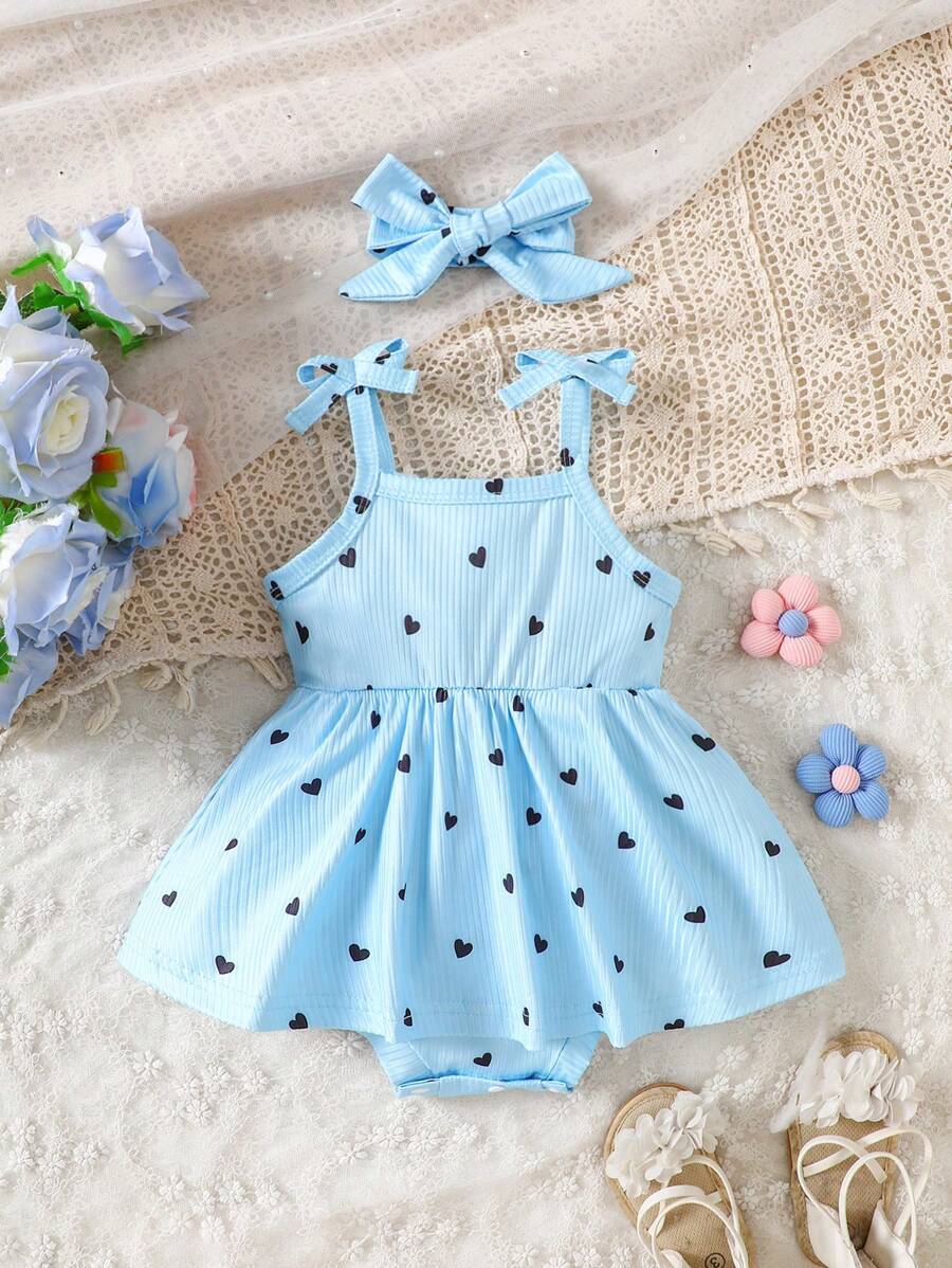 Baby Girls Heart Print Tie-Strap Romper Dress - Cerulean