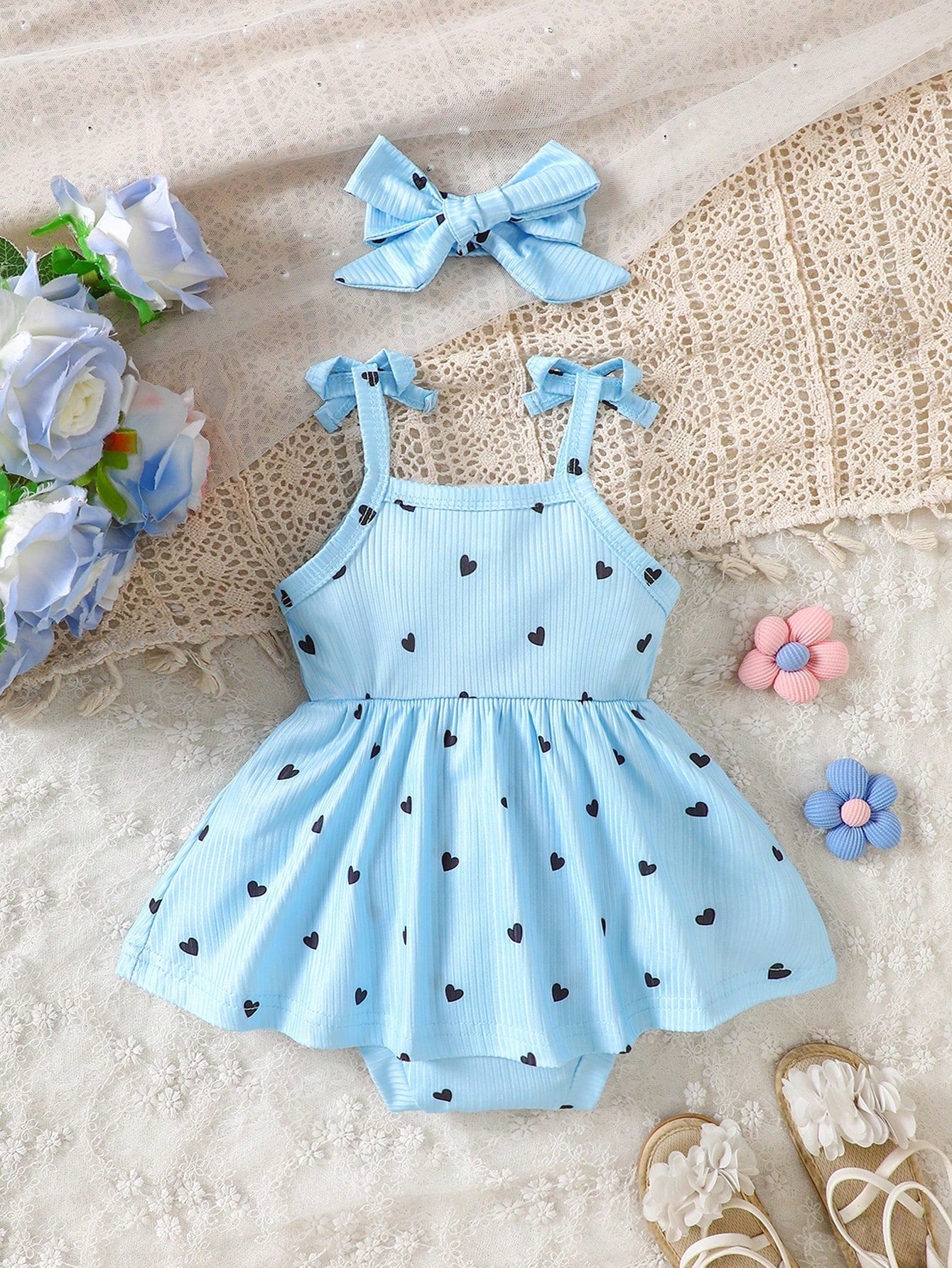 Baby Girls Heart Print Tie-Strap Romper Dress - Cerulean