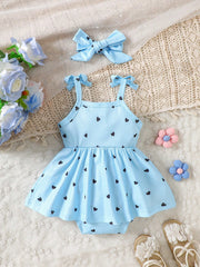 Baby Girls Heart Print Tie-Strap Romper Dress - Cerulean