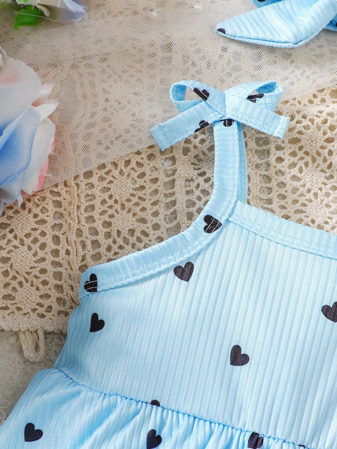 Baby Girls Heart Print Tie-Strap Romper Dress - Cerulean