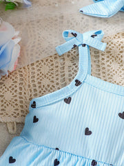 Baby Girls Heart Print Tie-Strap Romper Dress - Cerulean