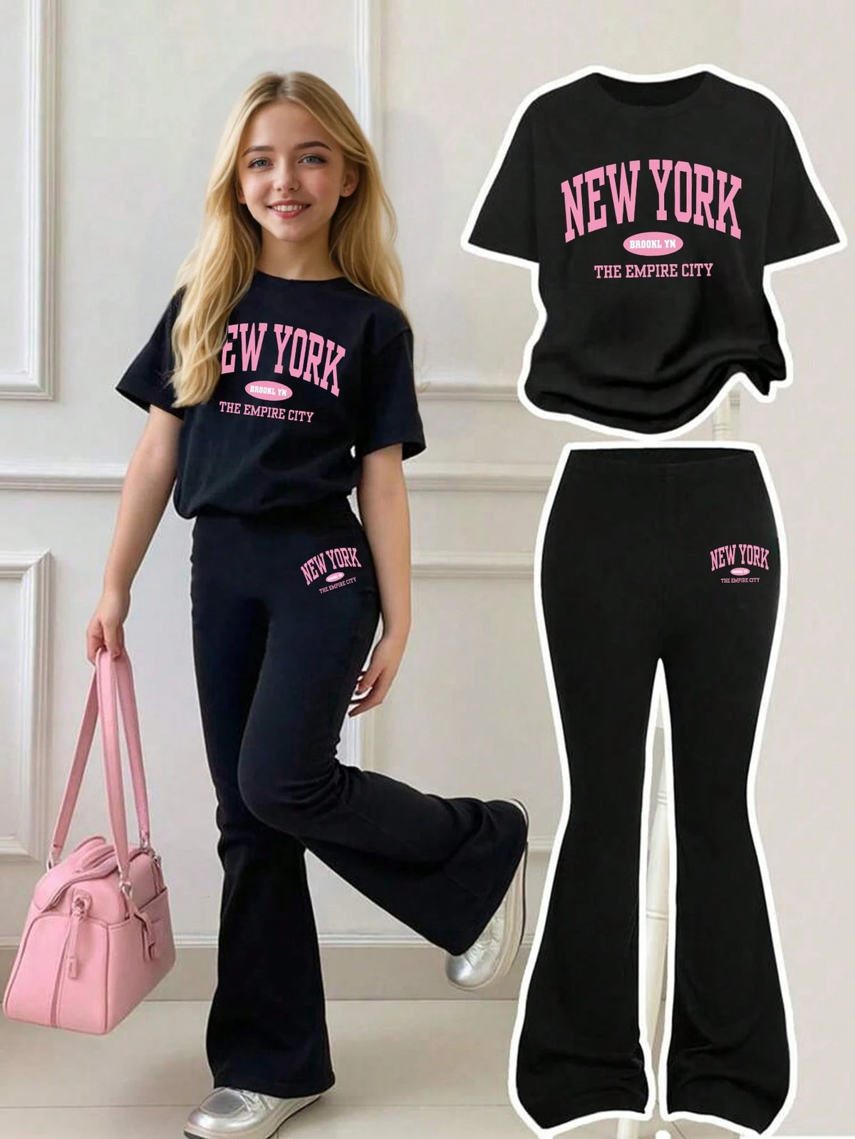 2pcs Big Girls New York Graphic Tee & Flare Pants Set - Onyx | 21 C...