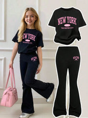 2pcs Big Girls New York Graphic Tee & Flare Pants Set - Onyx | 21 C...