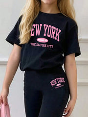 2pcs Big Girls New York Graphic Tee & Flare Pants Set - Onyx | 21 C...