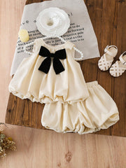 2pcs Girls Velvet Bow Bubble Top & Shorts Set - Ecru | 21 Century Kids