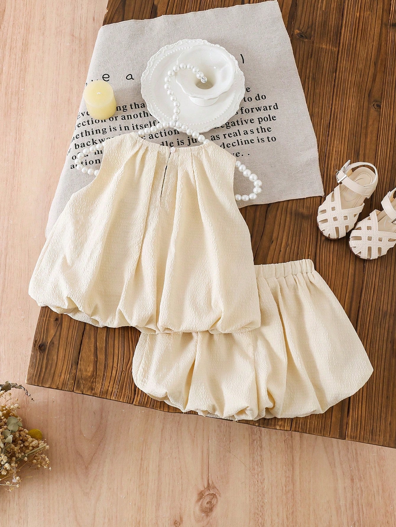 2pcs Girls Velvet Bow Bubble Top & Shorts Set - Ecru | 21 Century Kids
