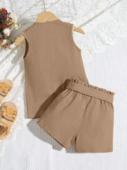 2pcs Girls Shawl Collar Vest & Belted Shorts Set - Taupe